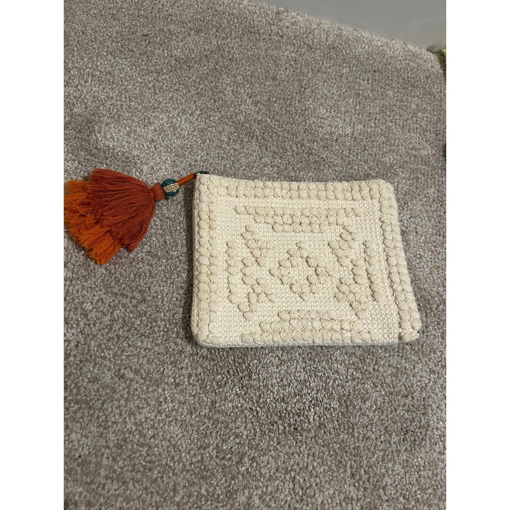 Universal Thread Cream Textured Zipper‎ Pouch Tassel Embellished Cosmetic Bag